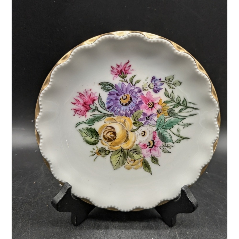 Hand Painted Floral Porcelain Decorative Plate Scalloped Gold Gilt Signed Lisa